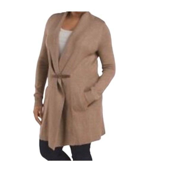 Ellen Tracy Cardigan Sweater M Long Length Tan Wool Blend Pockets Wide V Neck - Picture 3 of 16